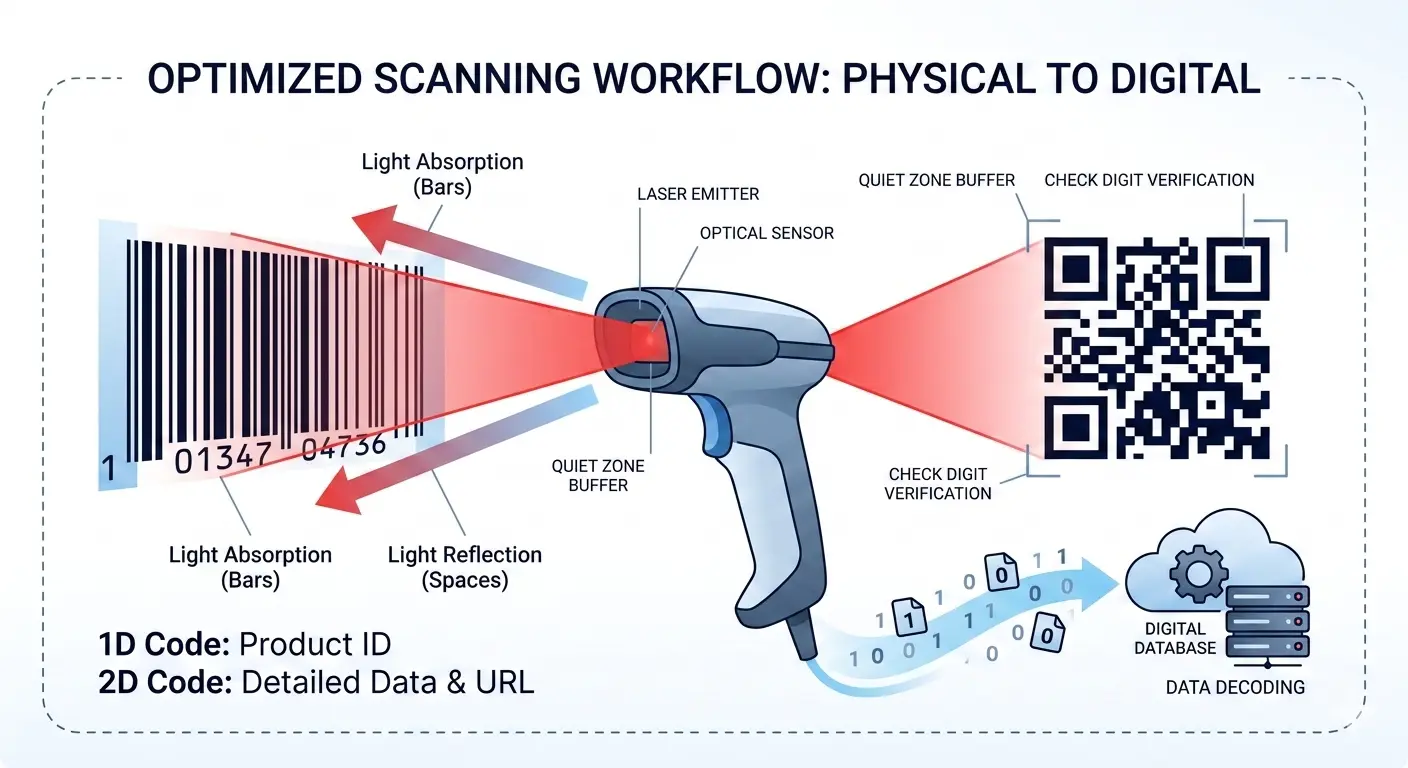 Machine Reading Process Illustration: 1D to 2D Scanning