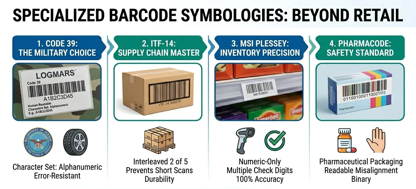 Specialized barcode types Code 39 and ITF-14